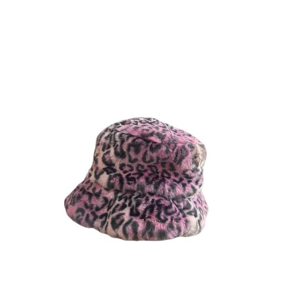 Vintage Ben Berger Luxury Collection Brown Faux Fur Bucket Hat Pink Cheetah - Picture 2 of 3